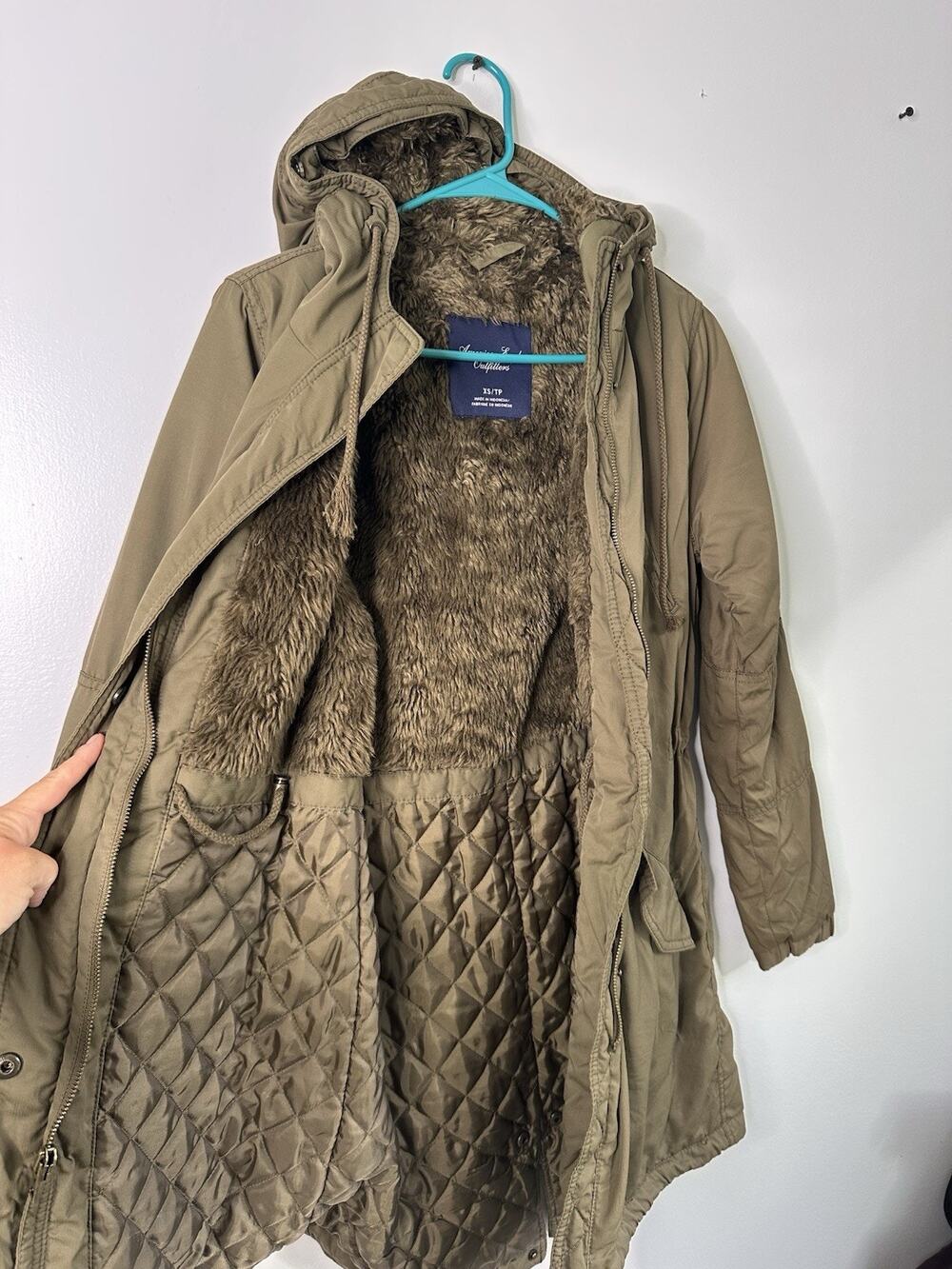American Eagle Women’s XS Military Green Parka Faux Fur Details Jacket Hooded